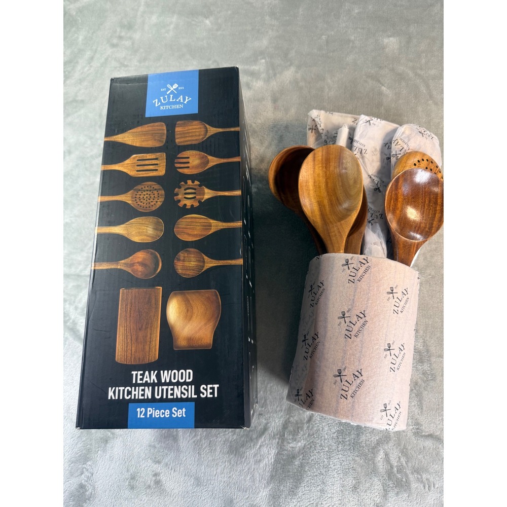 Zulay Kitchen 12 Piece Teak Wood Kitchen Utensil Set with Holder Model Z-2608